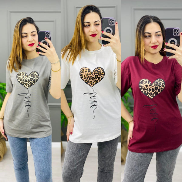 Kalp ve Leopar Baskı Tişört