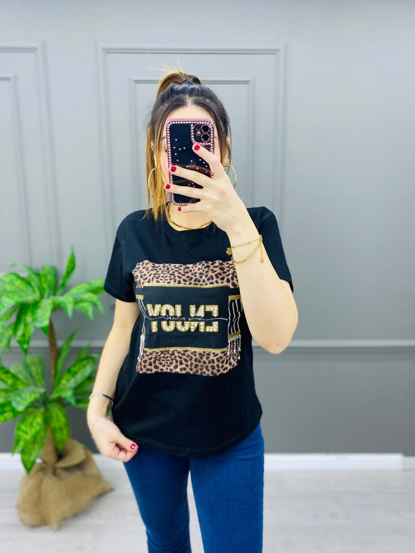 Enjoy Leopar Taş İşleme Tişört