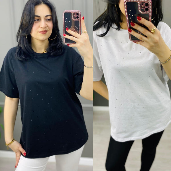 Taşlı Oversize Şık Tişört
